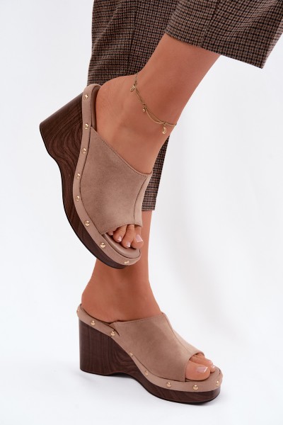 Women's Platform Sandals Made of Faux Suede with Gold Buckles Dark Beige Norvia