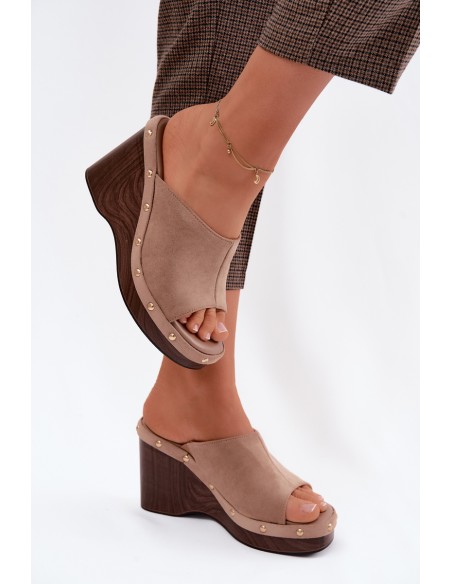 Women's Platform Sandals Made of Faux Suede with Gold Buckles Dark Beige Norvia