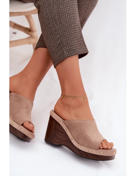 Women's Platform Sandals Made of Faux Suede with Gold Buckles Dark Beige Norvia