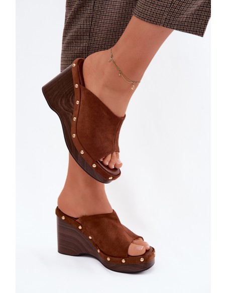 Women's Platform Sandals with Faux Suede Gold Buckles Camel Norvia