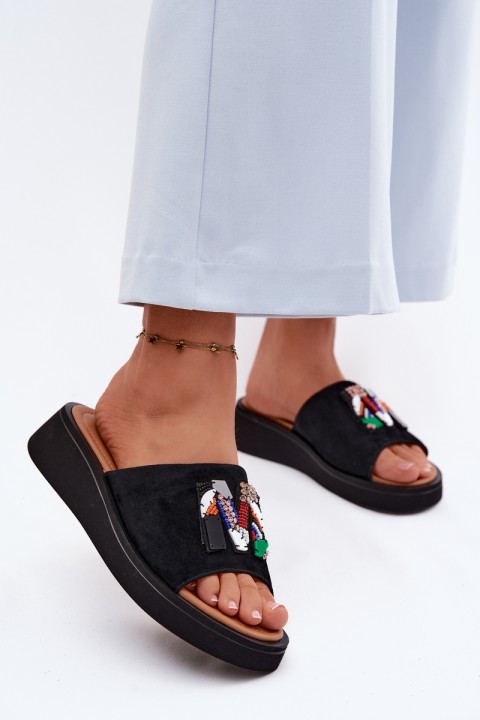 Leather Suede Women's Platform Decorated Slides Vinceza 66942 Black