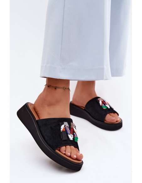 Leather Suede Women's Platform Decorated Slides Vinceza 66942 Black