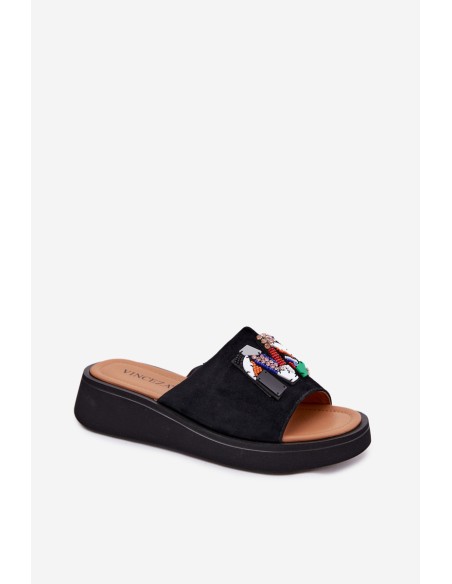 Leather Suede Women's Platform Decorated Slides Vinceza 66942 Black