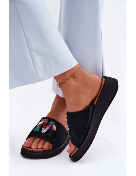 Leather Suede Women's Platform Decorated Slides Vinceza 66942 Black