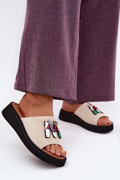 Leather Suede Women's Platform Decor Sandals Vinceza 66942 Beige