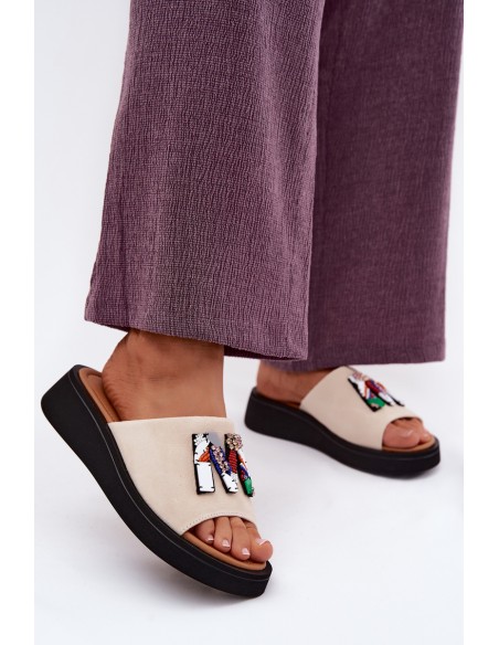 Leather Suede Women's Platform Decor Sandals Vinceza 66942 Beige