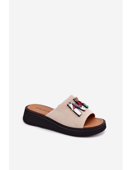 Leather Suede Women's Platform Decor Sandals Vinceza 66942 Beige