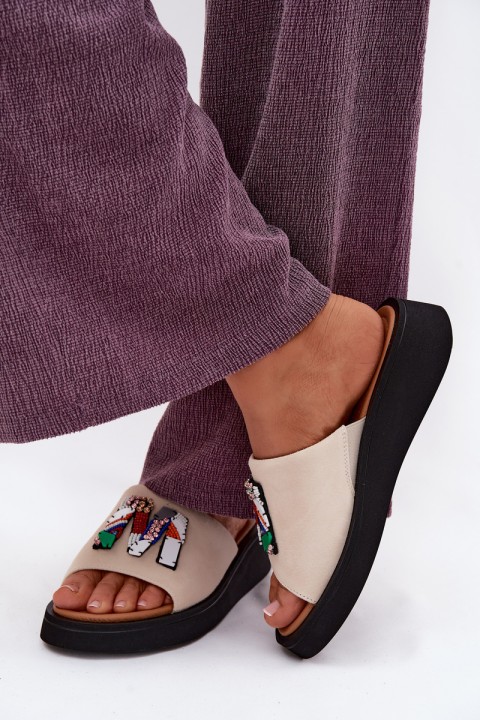 Leather Suede Women's Platform Decor Sandals Vinceza 66942 Beige