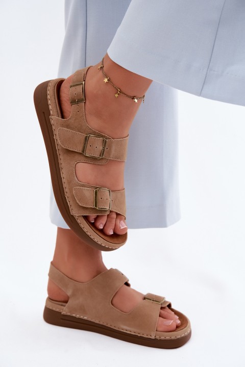 Leather Suede Women's Sandals With Buckles Vinceza 79620 Brown