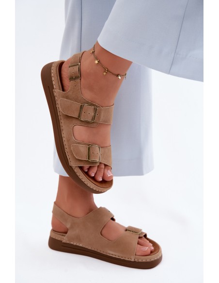 Leather Suede Women's Sandals With Buckles Vinceza 79620 Brown