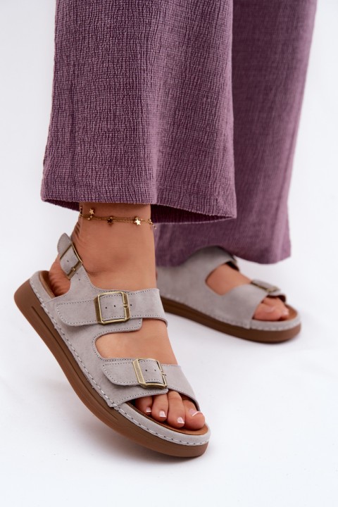 Leather Suede Women's Sandals With Buckles Vinceza 79620 Gray