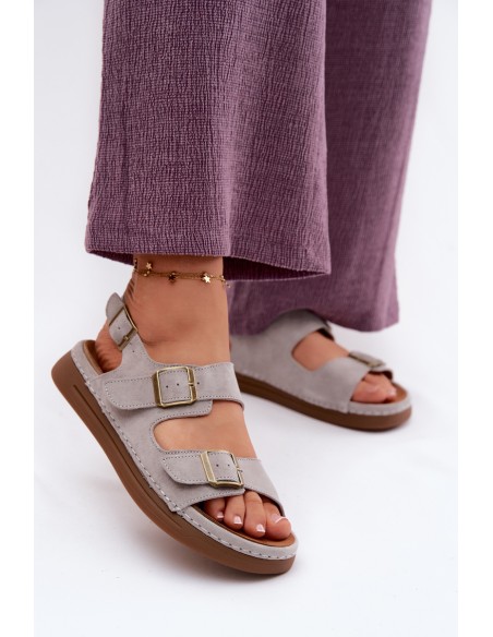 Leather Suede Women's Sandals With Buckles Vinceza 79620 Gray