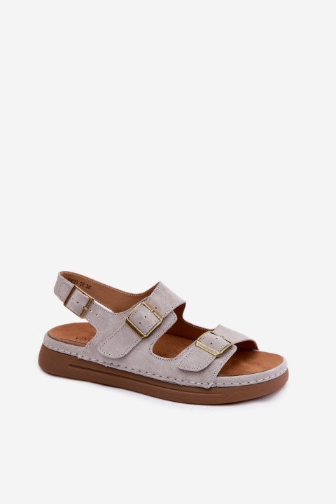 Leather Suede Women's Sandals With Buckles Vinceza 79620 Gray