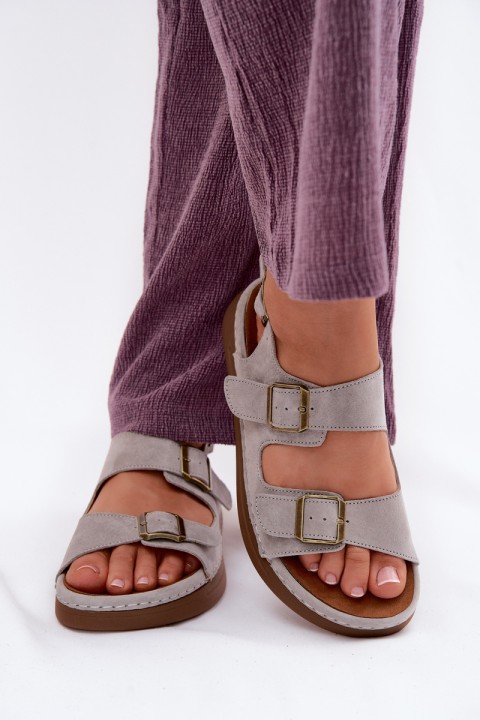 Leather Suede Women's Sandals With Buckles Vinceza 79620 Gray
