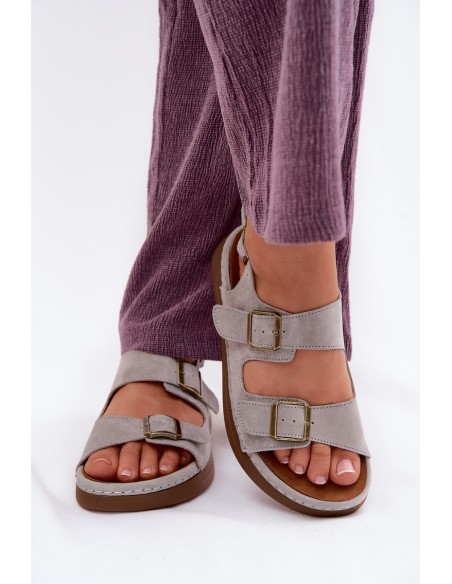 Leather Suede Women's Sandals With Buckles Vinceza 79620 Gray