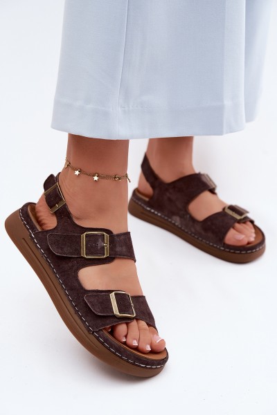 Leather Suede Women's Sandals With Buckles Vinceza 79620 Chocolate