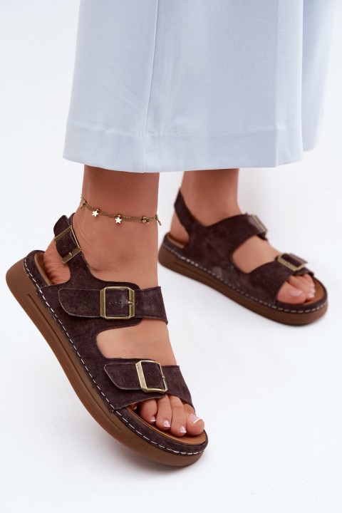 Leather Suede Women's Sandals With Buckles Vinceza 79620 Chocolate