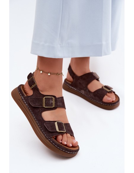 Leather Suede Women's Sandals With Buckles Vinceza 79620 Chocolate