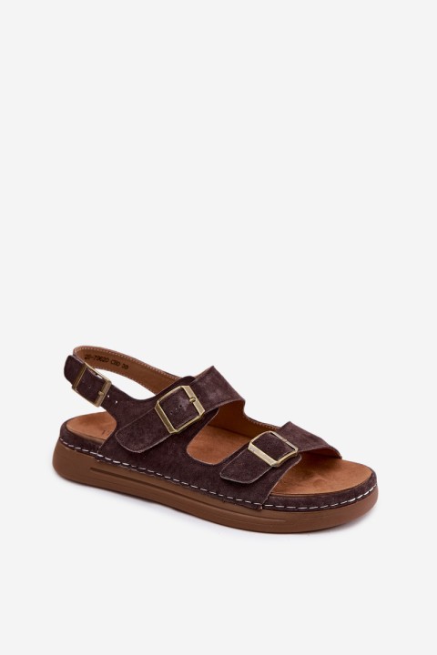 Leather Suede Women's Sandals With Buckles Vinceza 79620 Chocolate