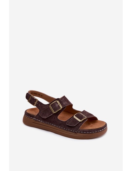 Leather Suede Women's Sandals With Buckles Vinceza 79620 Chocolate