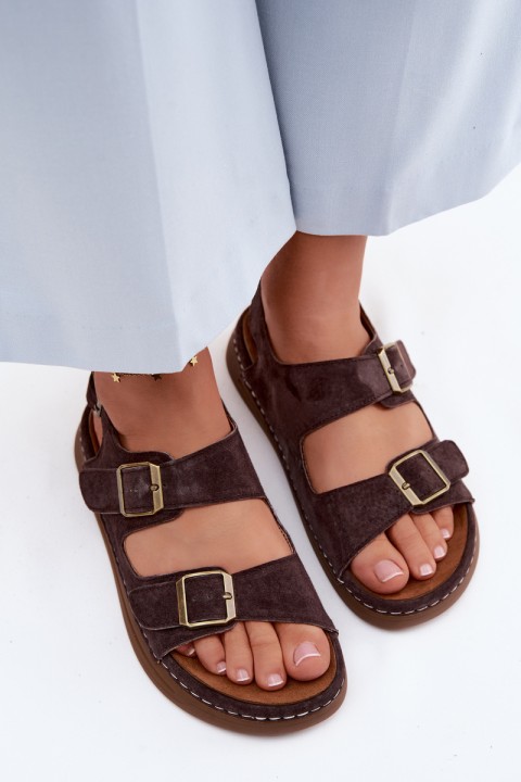 Leather Suede Women's Sandals With Buckles Vinceza 79620 Chocolate