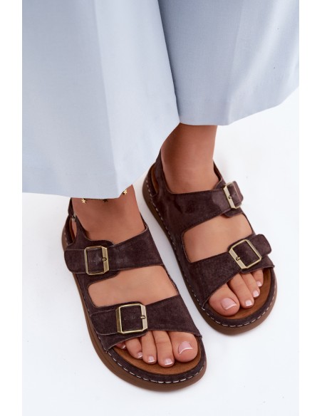 Leather Suede Women's Sandals With Buckles Vinceza 79620 Chocolate