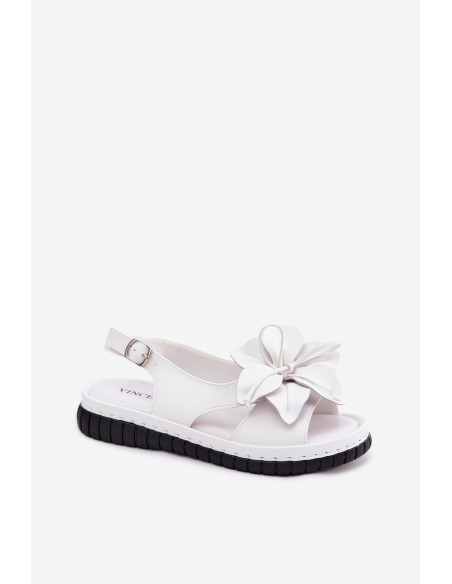 Leather Women's Sandals With Decorative Flower Vinceza 66917 White