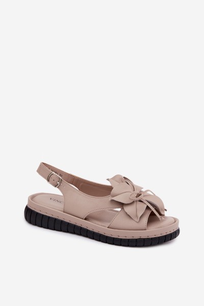 Leather Women's Sandals With Decorative Flower Vinceza 66917 Beige 2