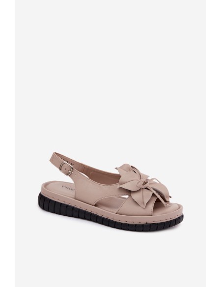 Leather Women's Sandals With Decorative Flower Vinceza 66917 Beige