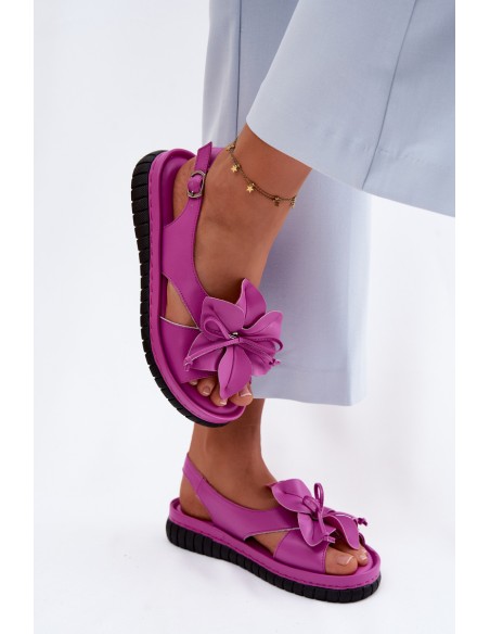 Leather Women's Sandals With Decorative Flower Vinceza 66917 Fuchsia