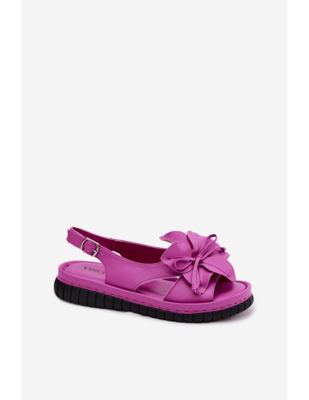 Leather Women's Sandals With Decorative Flower Vinceza 66917 Fuchsia
