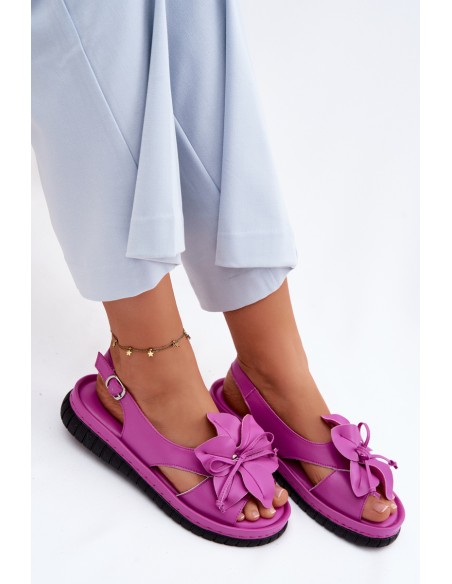 Leather Women's Sandals With Decorative Flower Vinceza 66917 Fuchsia