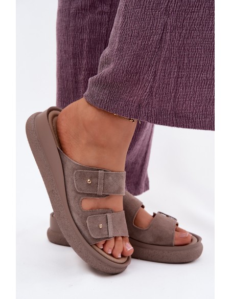 Leather Suede Women's Platform Sandals Vinceza 66916 Dark Beige