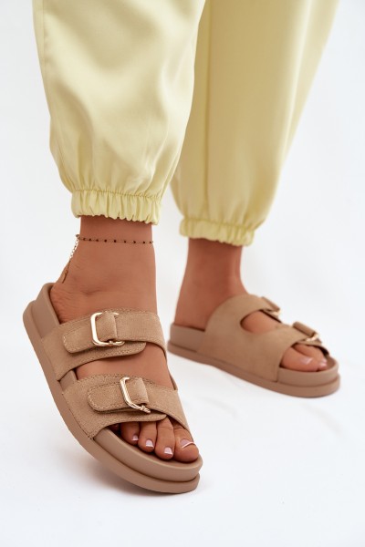 Women's Dark Beige Slides With Gold Buckles Pelorin