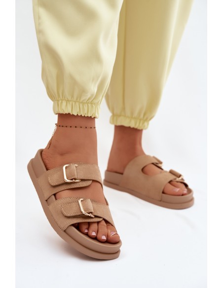 Women's Dark Beige Slides With Gold Buckles Pelorin