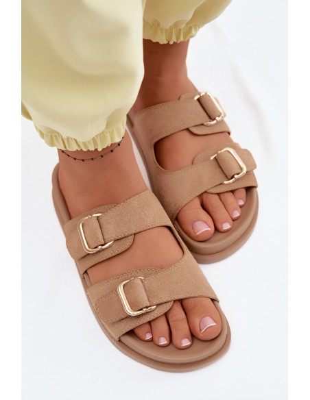 Women's Dark Beige Slides With Gold Buckles Pelorin