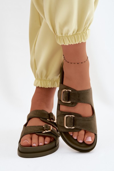 Women's Dark Green Flat Slides With Gold Buckles Pelorin