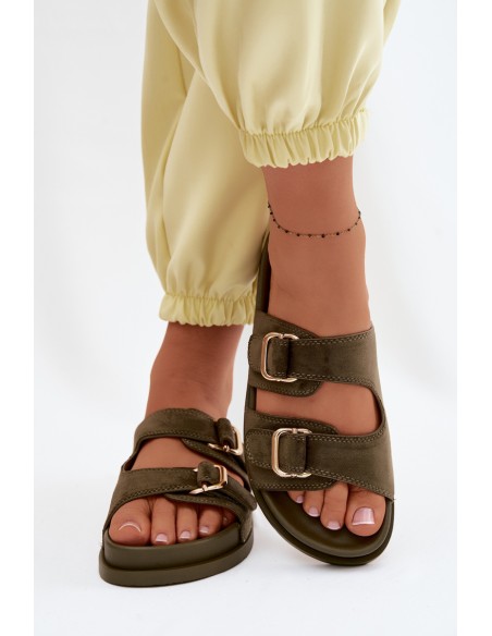 Women's Dark Green Flat Slides With Gold Buckles Pelorin