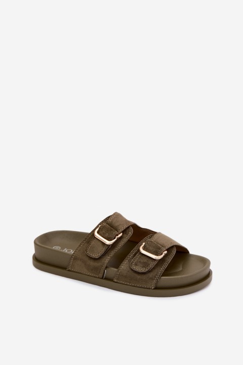 Women's Dark Green Flat Slides With Gold Buckles Pelorin