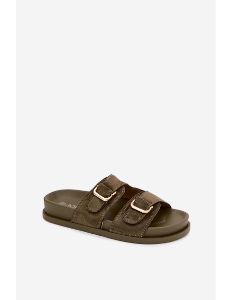 Women's Dark Green Flat Slides With Gold Buckles Pelorin
