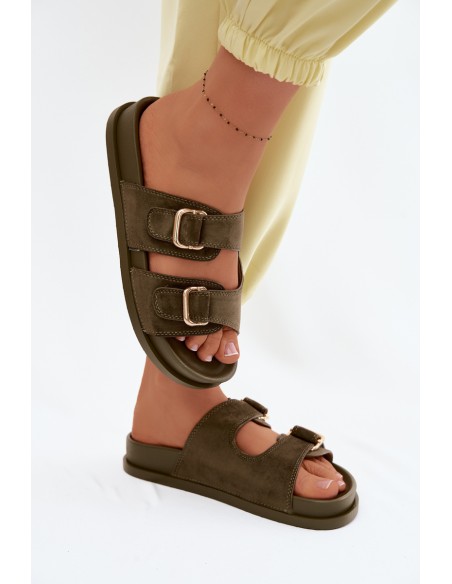 Women's Dark Green Flat Slides With Gold Buckles Pelorin
