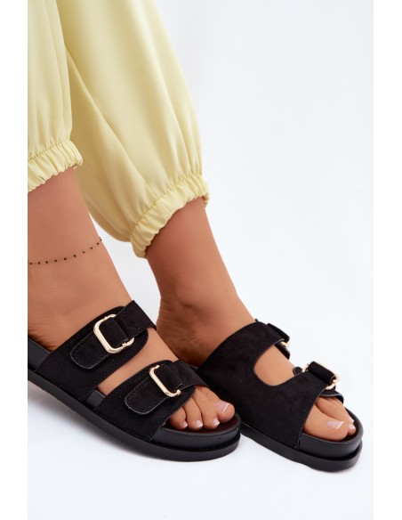 Women's Black Flat Slides With Gold Clamps Pelorin