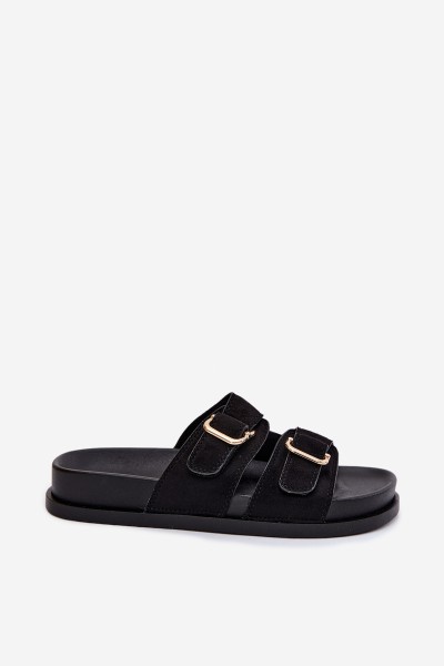 Women's Black Flat Slides With Gold Clamps Pelorin 2