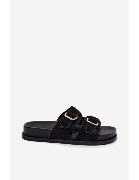 Women's Black Flat Slides With Gold Clamps Pelorin