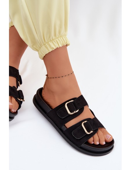 Women's Black Flat Slides With Gold Clamps Pelorin