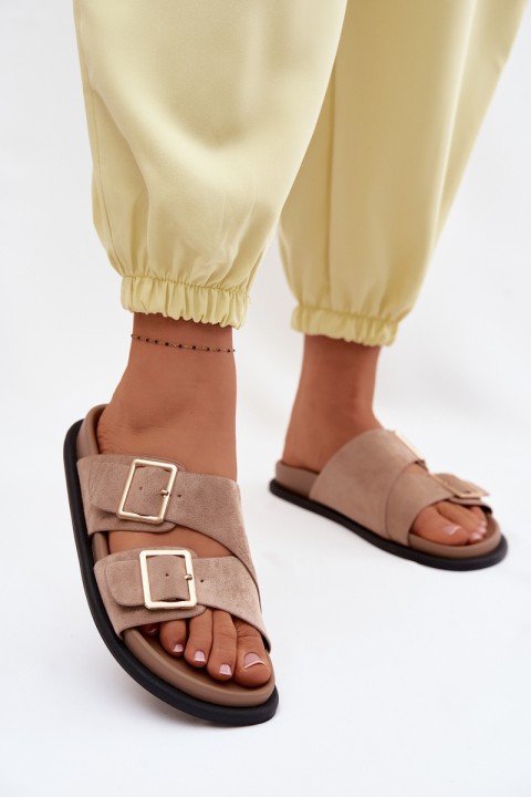 Women's Faux Suede Slides With Gold Buckles Dark Beige Selissea