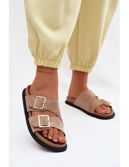 Women's Faux Suede Slides With Gold Buckles Dark Beige Selissea
