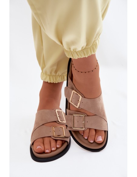 Women's Faux Suede Slides With Gold Buckles Dark Beige Selissea