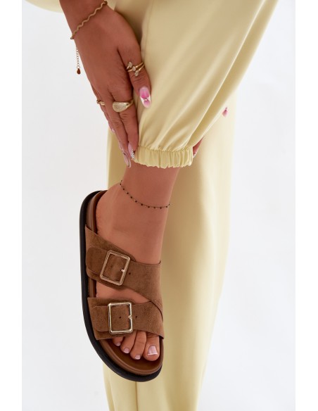 Women's Suede Imitation Slippers With Gold Buckles Camel Selissea