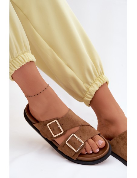 Women's Suede Imitation Slippers With Gold Buckles Camel Selissea